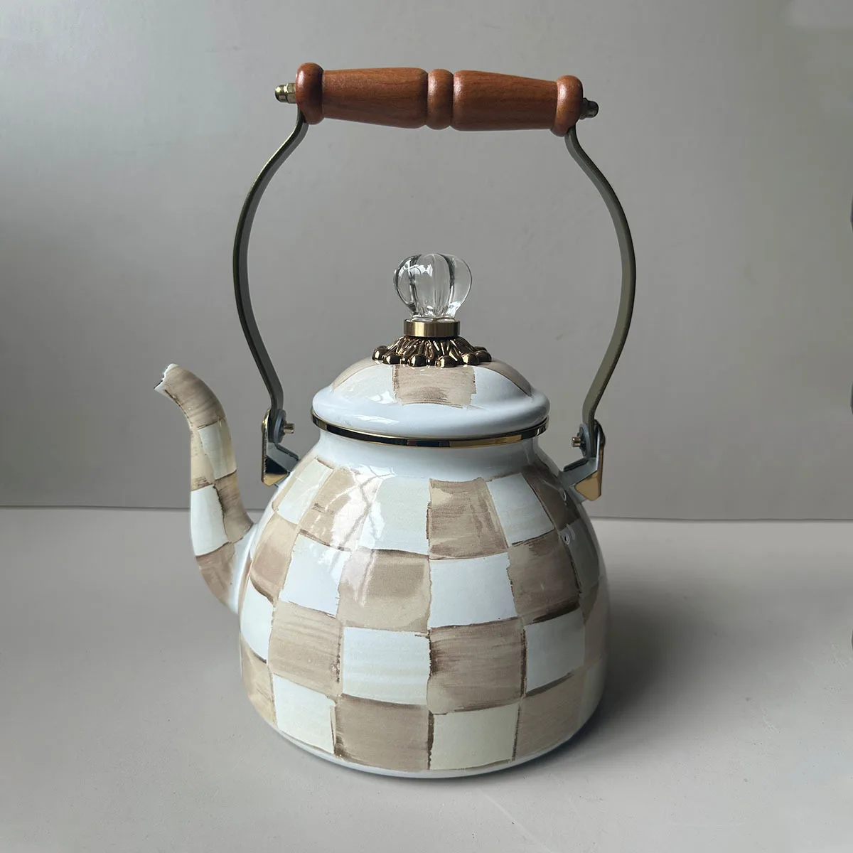 

Black White Checkered Enamel Kettle with Wood Handle, Diamond Lid Large Capacity Tilt Spout Stovetop Water Boiling Pot