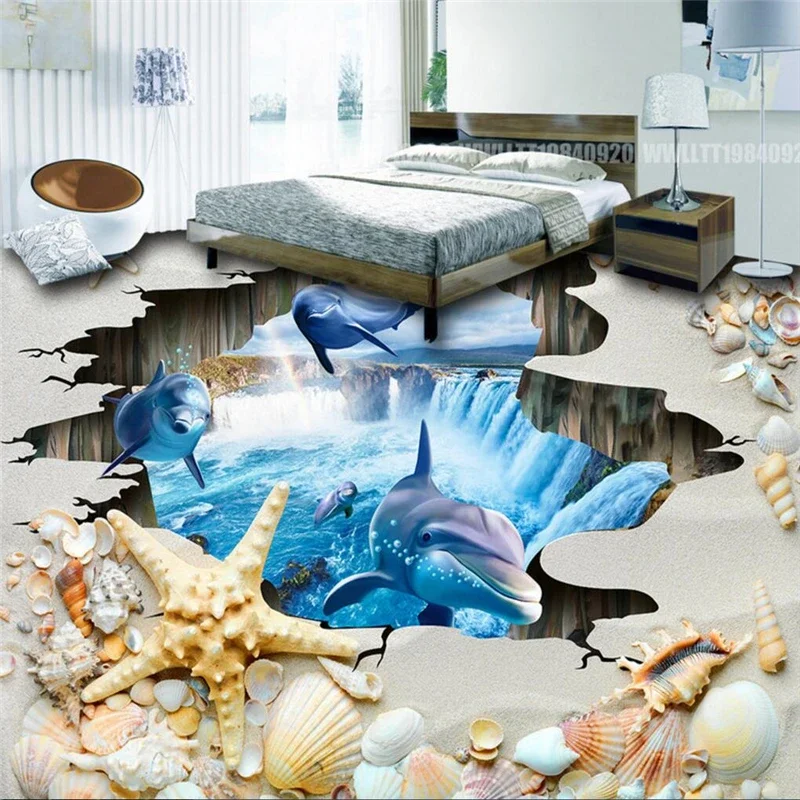 beibehang Copyright picture beach shells Photo Self-adhesive Wallpaper 3D Floor Waves Mural PVC Wallpaper Living Room Bathroom