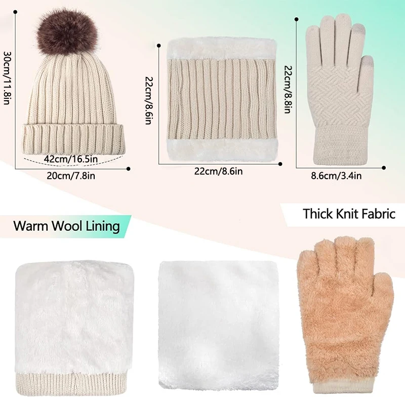 Ensemble Trois Pièces Écharpe et Gants pour Écran Tactile, Chapeau Épais et Chaud pour l'Hiver