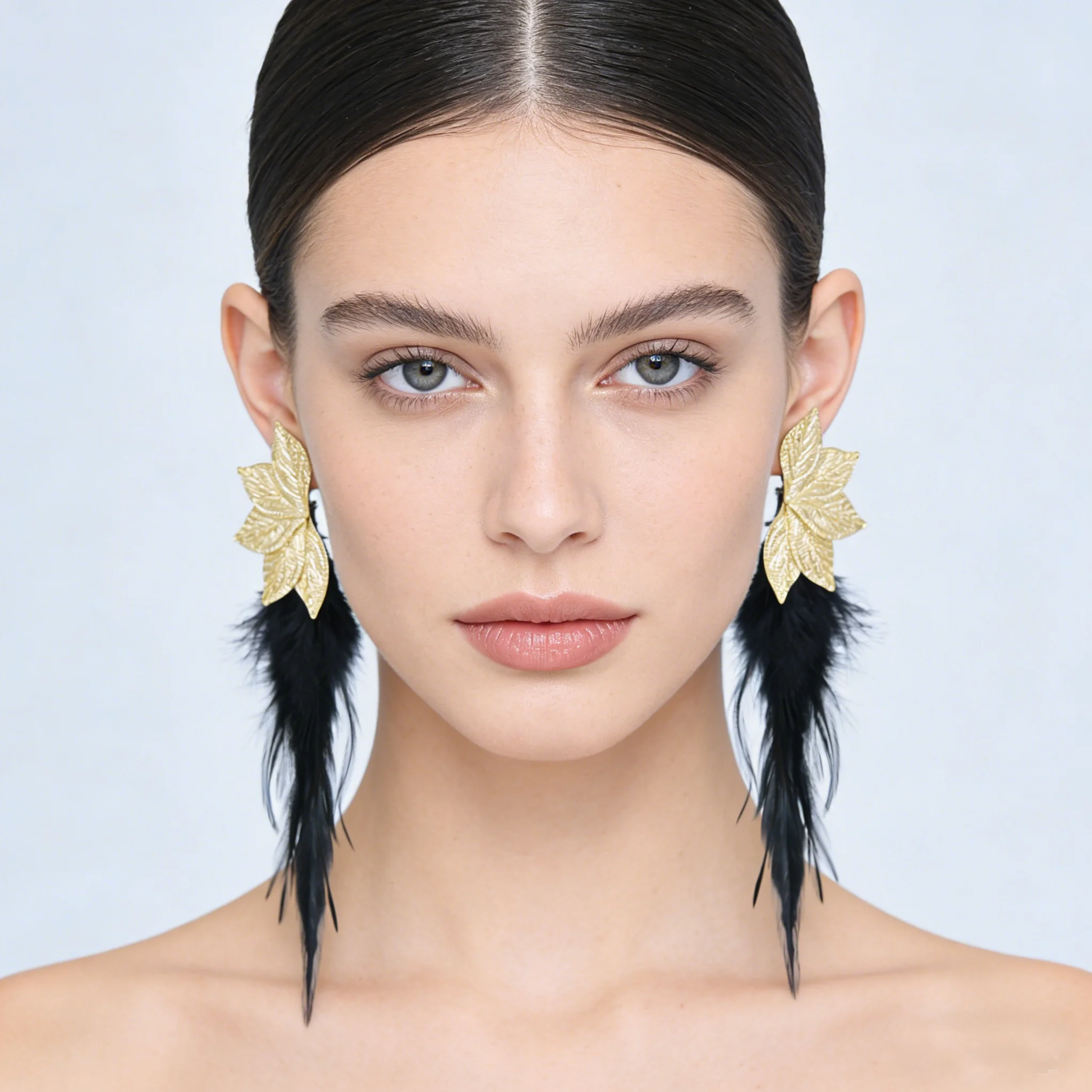 Bohemian National Feather Drop Dangle Earrings Gold Plated Flower Long Tassel Feather Earring for Women