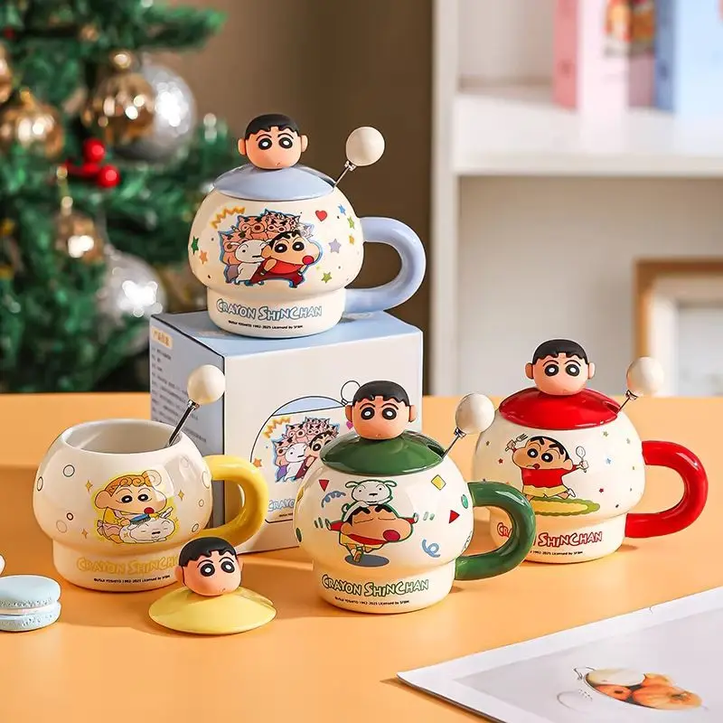 Cute Aesthetic Cartoon Ceramic Coffee Mug with Lid and Spoon Milk Juice Water Cup for Home Office