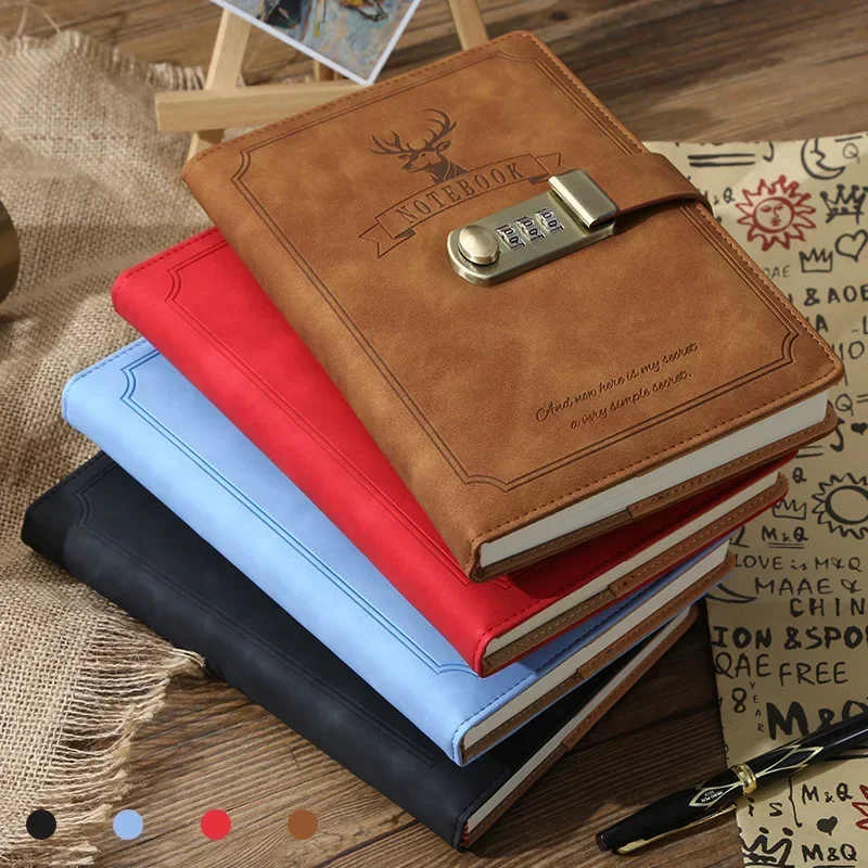 A5 Senha Notas Diário Livro com Bloqueio, Retro PU Leather Notebooks, Simples Elk Print Notepad, Private Secret Diary Books