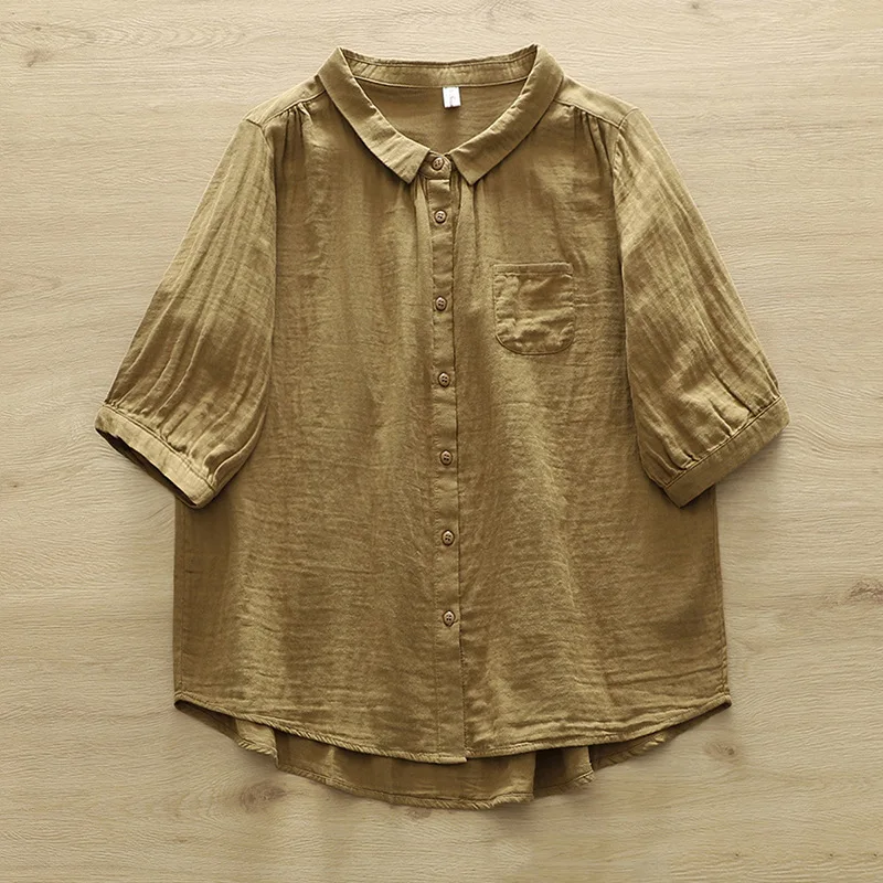 New Spring Cotton Yarn Solid Loose Shirt Women Lapel Short Sleeve Top Girl Fashion Retro OL Commute Blouses 2024 Summer T45449QC