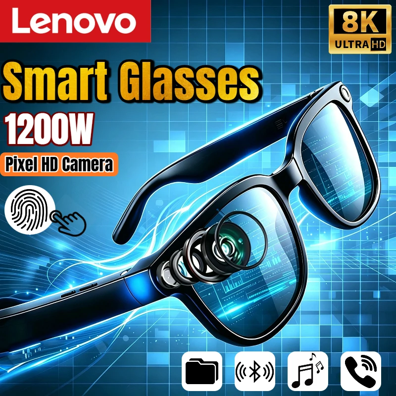 Lunettes intelligentes Lenovo AI 8K avec télécommande, appareil photo tactile, enregistrement, assistant vocal, traducteur, lunettes de soleil Bluetooth sans fil