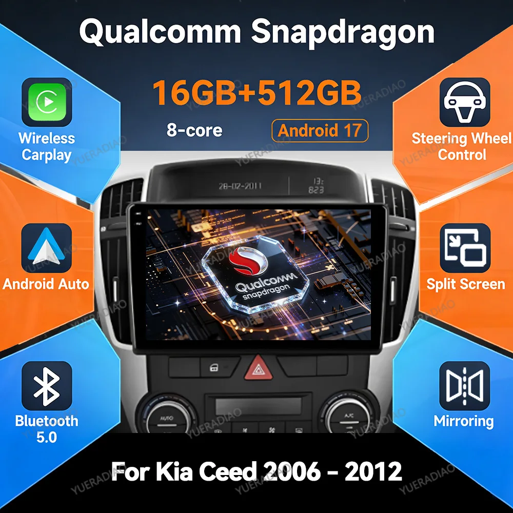Автомагнитола Android 17 для Kia Ceed ED 2006-2012, Qualcomm 4G WIFI BT, QLED мультимедийный видеоплеер, GPS NAVI 2DIN LTE 5G