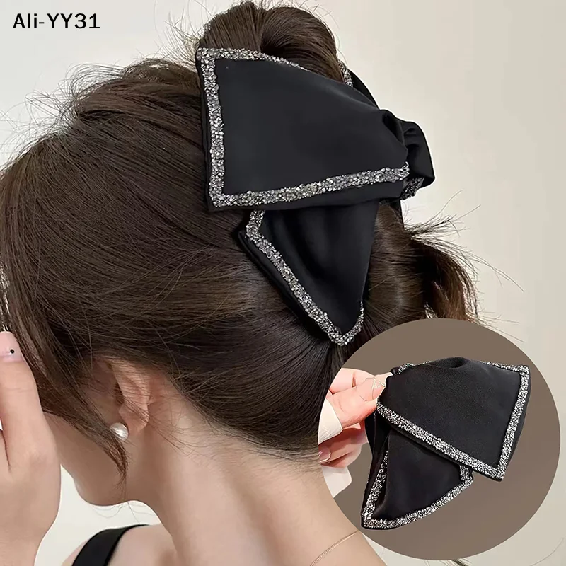 

【A3A】Vintage Soft Black Satin Hair Claw Rhinestone Hairpin Large Big Bow Ornament Women Hair Accessories