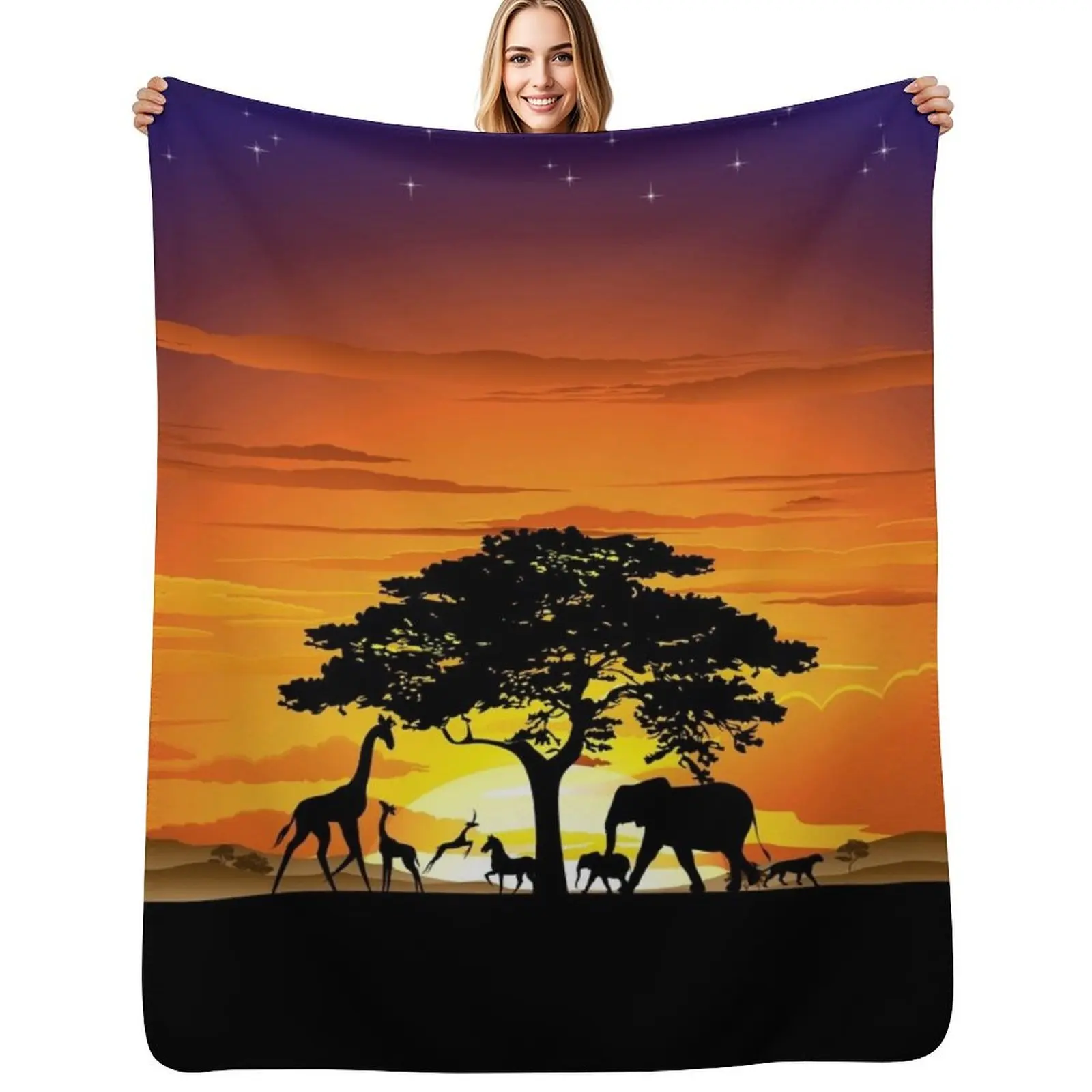 

Wild Animals on African Savanna Sunset Throw Blanket Loose valentine gift ideas Vintage manga Blankets