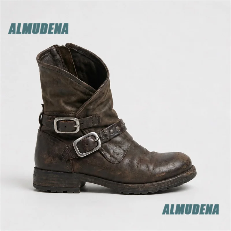 Men's Vintage Brown Leather Motorcycle Boots Double Buckle Studded Side Zipper Ankle Boots Trendy Autumn Men's Boots