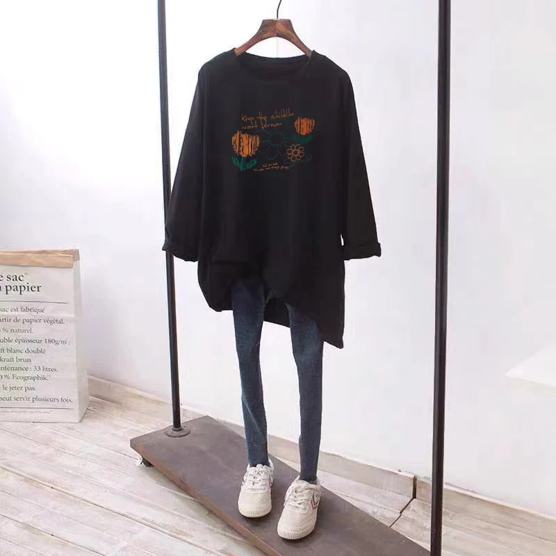 Oversize White Pure Cotton Long Sve Women's T-irt Casual Thin Sle Korean Version Base irt for Autumn Season