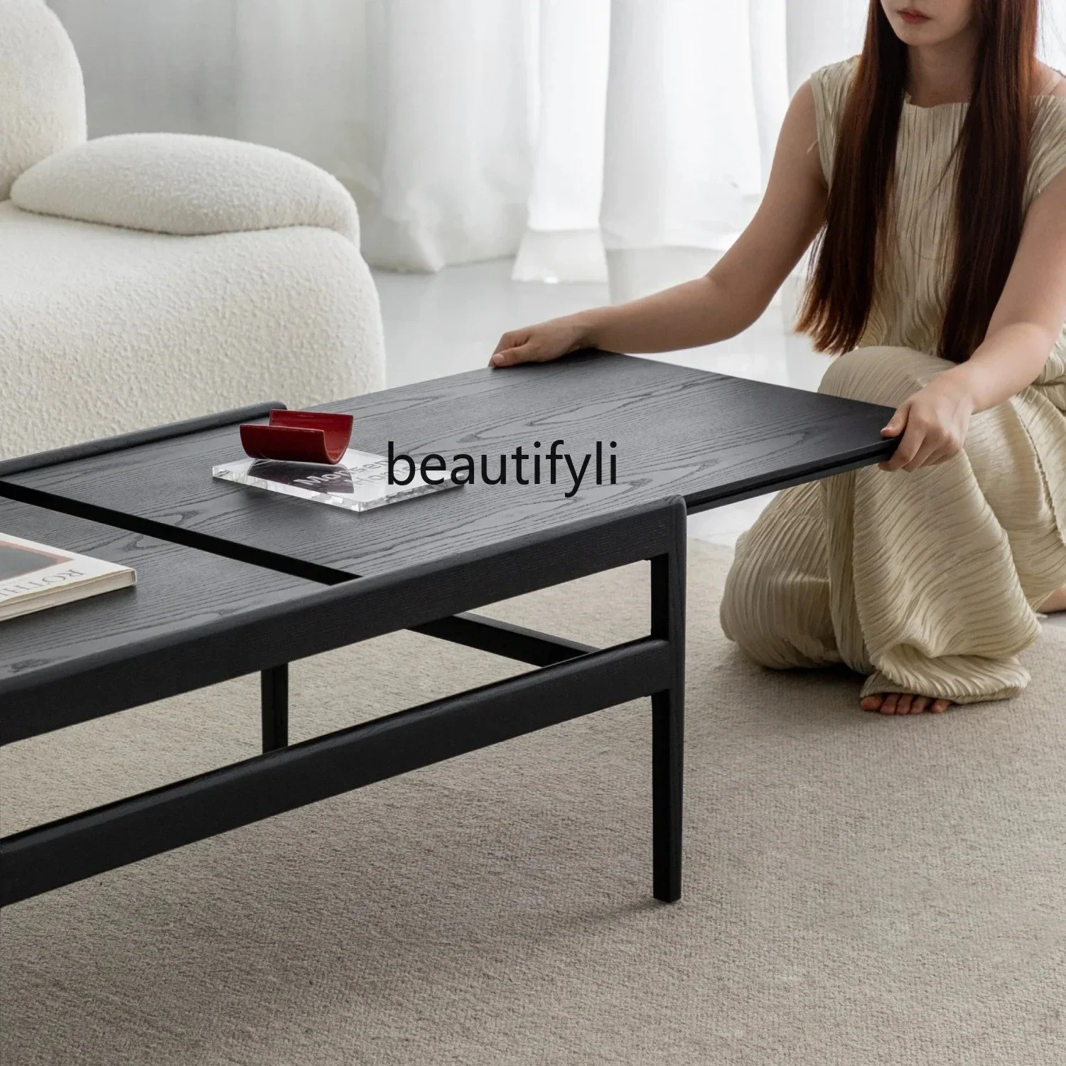 LXBlack coffee table dining table dual-purpose two-in-one double-layer retractable ash wood sticker leather retroSSS