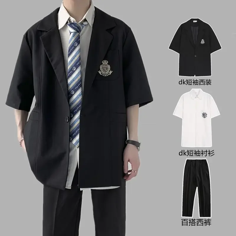 Sommer Mode Schwarz Kurzarm DK Anzug für Männer Koreanischen Stil Lose Student JK Klasse Uniform Casual Jacke Plus Größe S-3XL