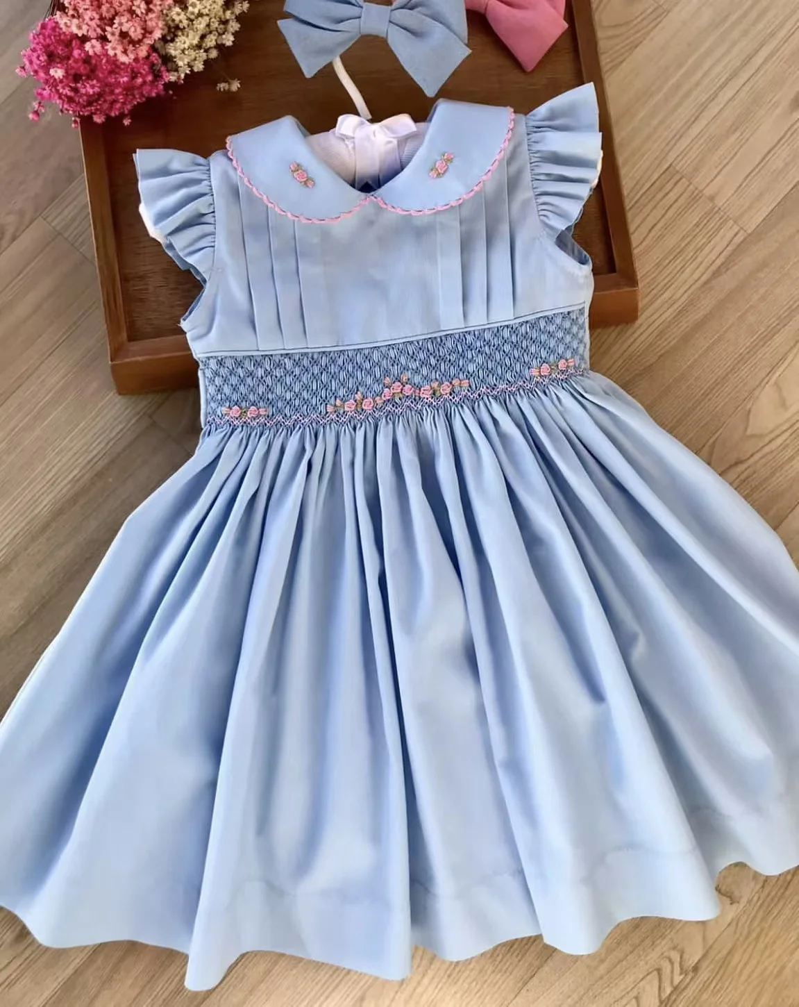

Baby Girl Summer Pink Flower Handmade Embroidery Smocked Blue Dress for Eid Birthday Party Holiday Photography Casual A59