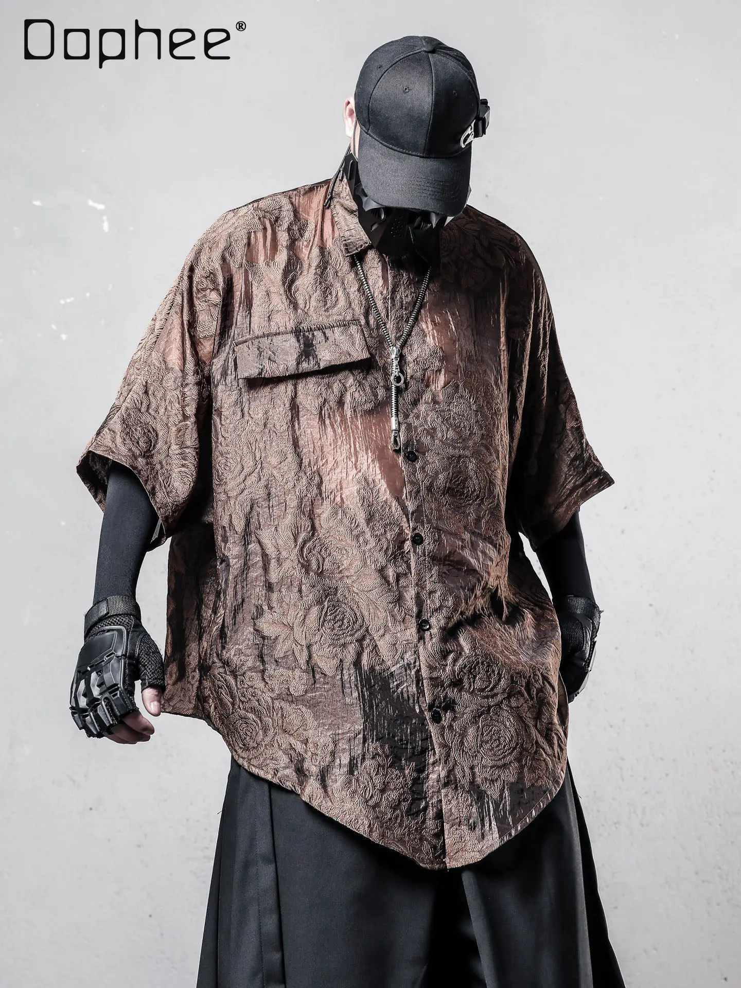 

2026 Summer New Men's Dark Street Style Luxury Brown Rose Jacquard Irregular Design Single Breasted Loose Half Sleeve Shirt