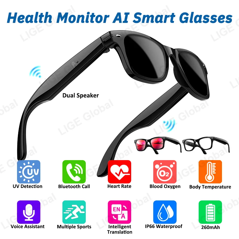 

LIGE Health Monitor Smart Glasses Heart Rate Blood Oxygen Body Temperature Sport Voice Control AI Translation BT Call Sunglasses