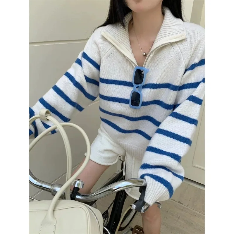 

Shpmishal Retro Lazy Style Ins Knitted Sweater 2024 Autumn and Winter New Loose Zipper Stand Up Collar Striped Sweater Pullover