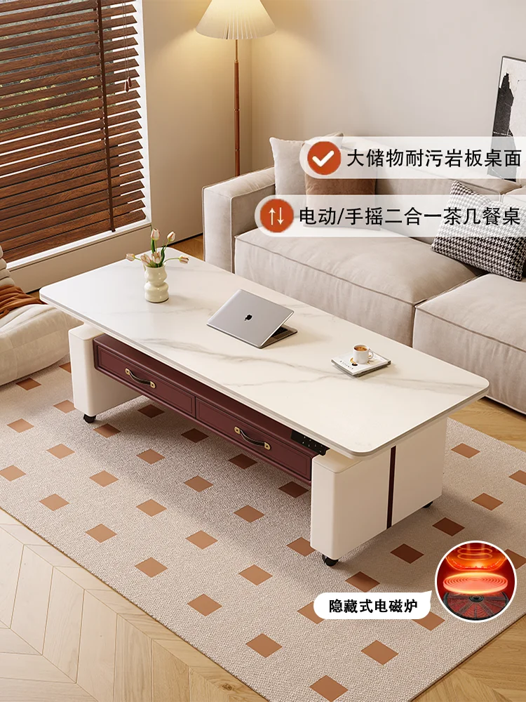 

Электрический подъемный кофейный столик-трансформер 2-в-1 для небольшой квартиры, белый, с каменной столешницей, для гостиной, домашний кофейный столик