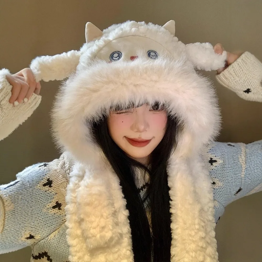 Cute Little Sheep Plush Hat with Moving Ears For Women's Winter New Item Cold Resistant and Warm Hat Thick Ear Protection Lei