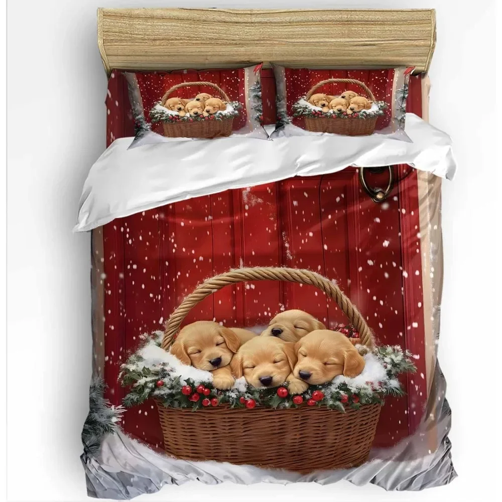 

Christmas Comforter Sets California King Size Christmas Dogs in The Basket Soft Bedding Duvet Cover Sets 4 Pieces Holly Berry