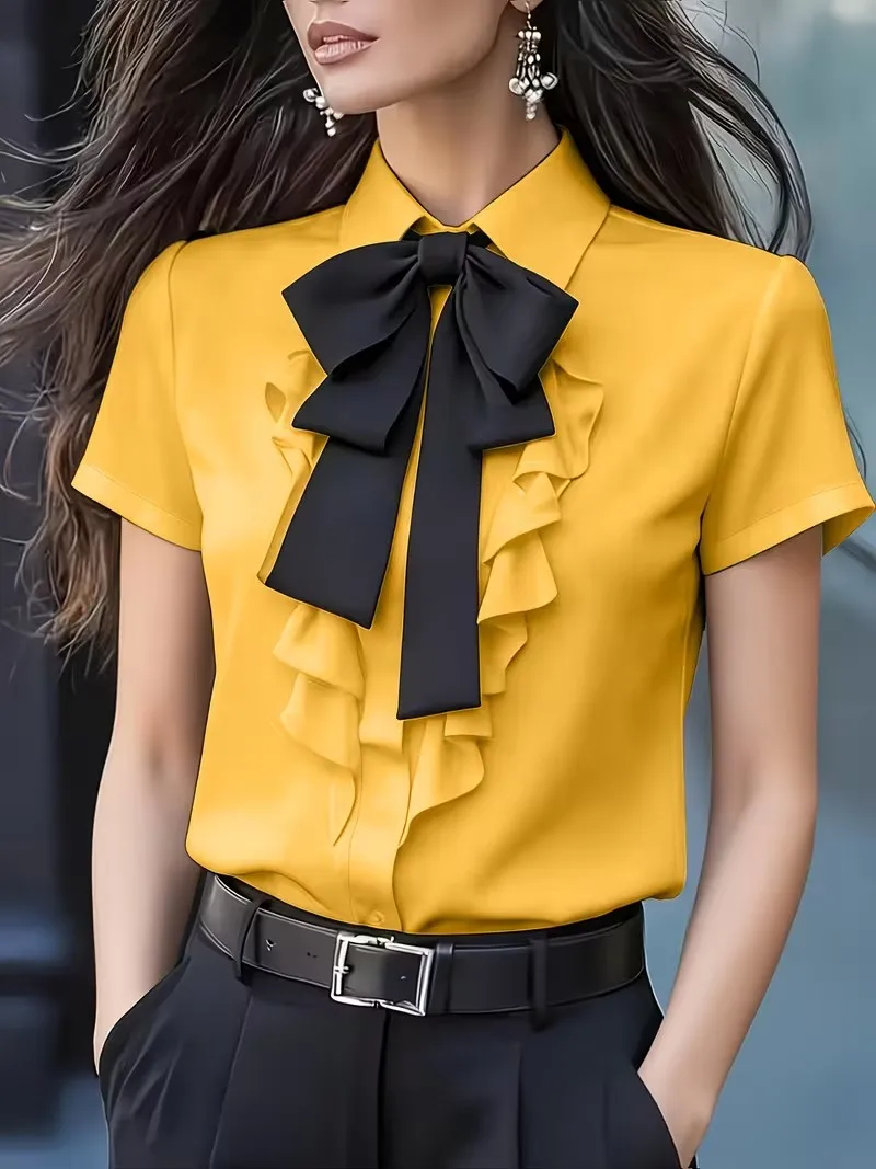

Elegant Bow Tie Ruffle Trim Short Sleeve Blouse for Women Office Casual Workwear Shirt