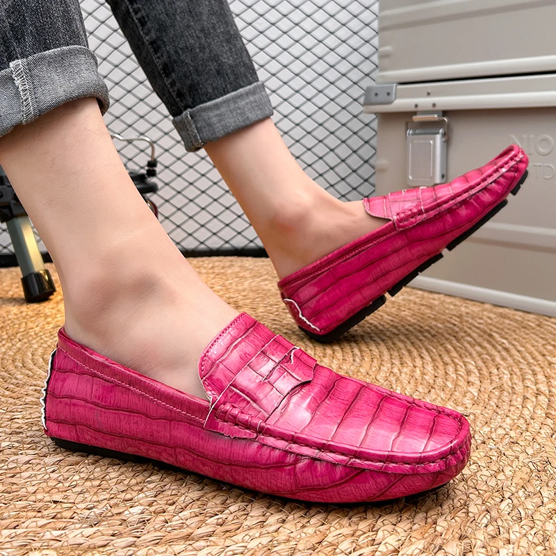 

Bright Green Croc Print Loafers Men Penny Slip on Driving Moccasins Unique Casual Business Shoes Men Slip on Driving Shoes