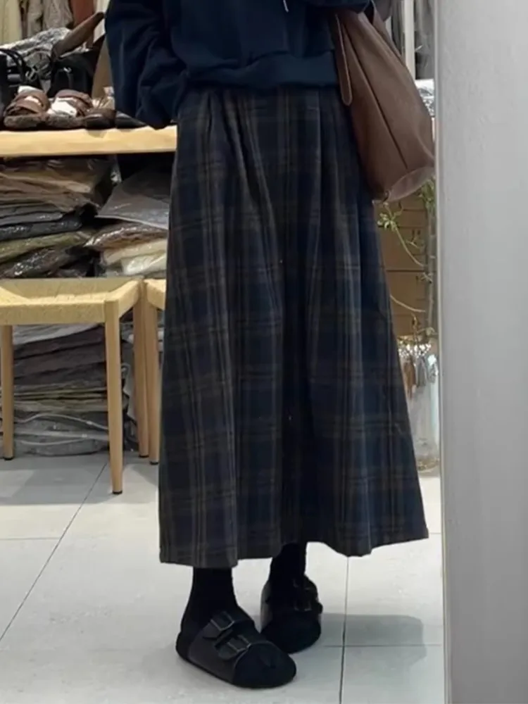 Retro Japanese Style Plaid Woolen  Skirt Women's Autumn Winter High Waist Slimming Versatile Mid-Length A-Line Skirt