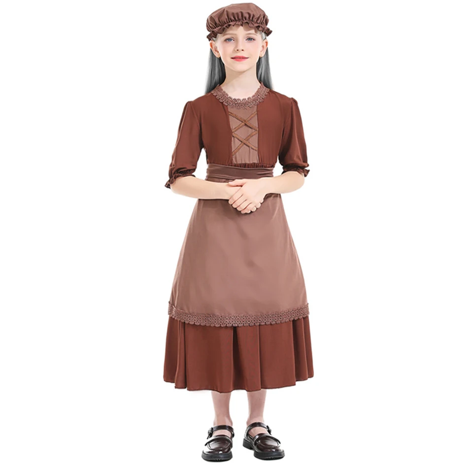 Girls Dark Brown Maid Clothing Lace Dress Grandmother Costume Kid Makeup Theme Party Clothes Children Hat Apron Pastoral Apparel