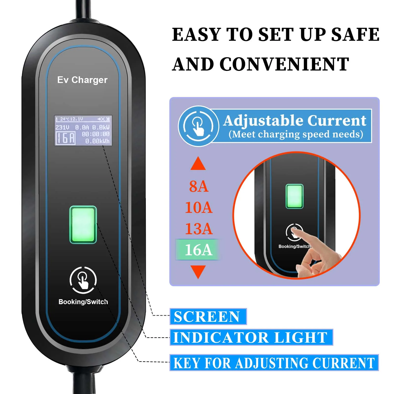 Teschev Portable EV Charger Type2 IEC 62196 Electric Car Charger 3.5KW 16A 1Phase EVSE Fast Charging Wallbox EV Charging Station