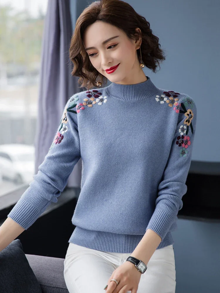 Spring Fall Half Turtleneck Embroidery Knitted Sweater Women Casual Slim Pullover Tops Long Sleeve New Soft Knitwear Jumper