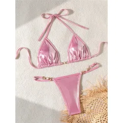 PU Faux Leather Halter Bikini Women Swimwear Female Swimsuit Two-pieces Bikini set High Leg Cut Bather Bathing Suit Swim