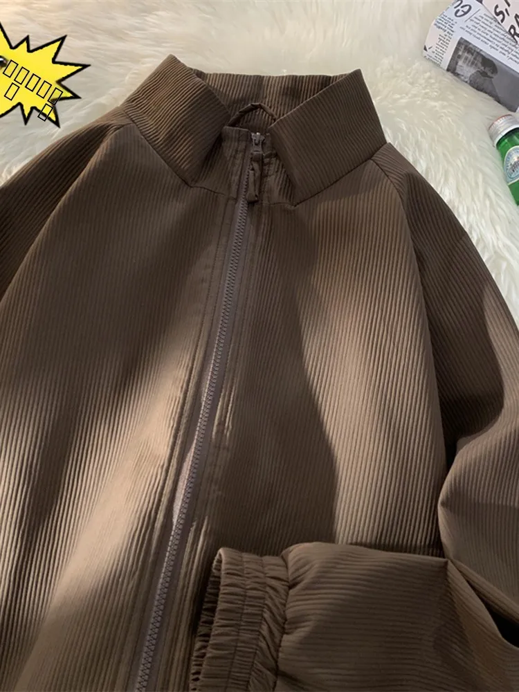 

Chic Brown Corduroy Jaet for Men Oversize Spring Autumn Stand Collar Zipper Closure Long Sve Regular Fit Anti-Static Tre...