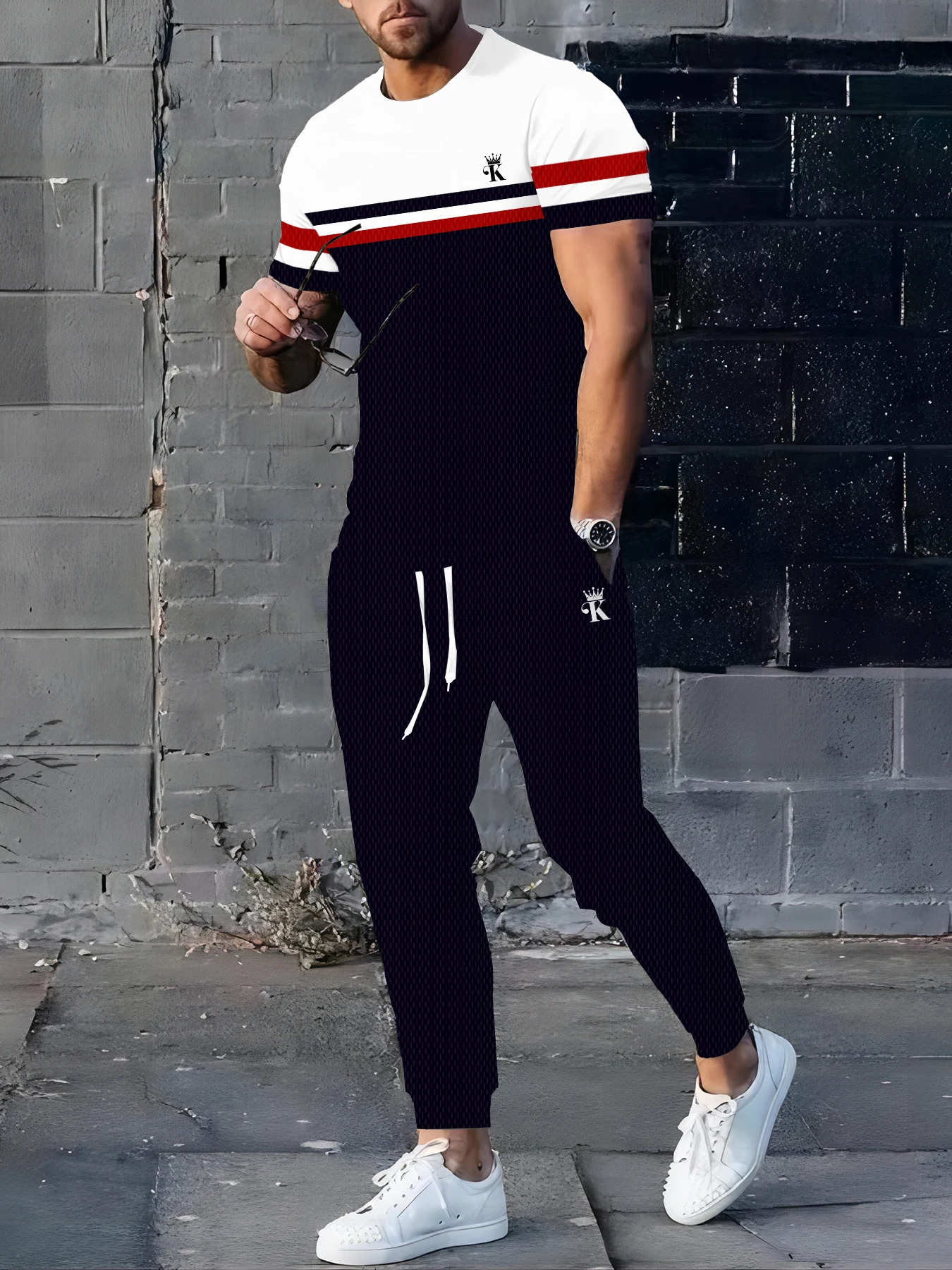 

Men's Summer Splicing Letter Printed Pattern Breathable Quick Drying Top Trendy Soft Top Street Round Neck T-shirt Set