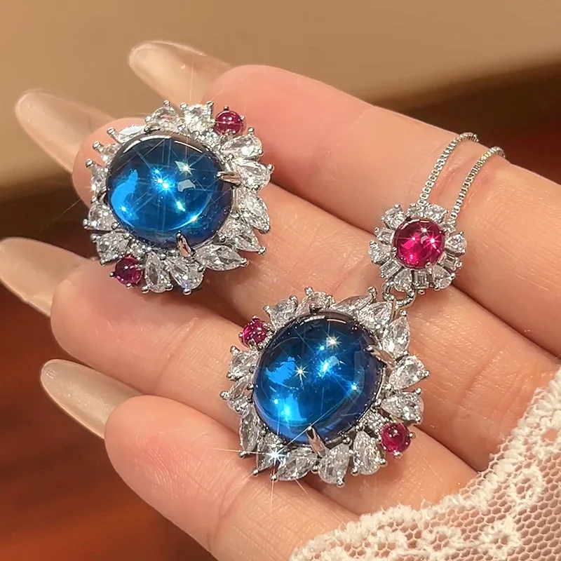 

Jewelry New Set Necklace Ring Blue Cubic Zirconia Fashion European and American Style Women's Wholesale