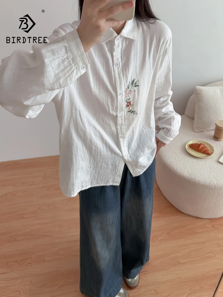 

Новинка 2025, осенняя рубашка из хлопковой пряжи с длинными рукавами, женская рубашка с отложным воротником и вышивкой, свободная блузка Mori Girl в стиле ретро OL T59879CC