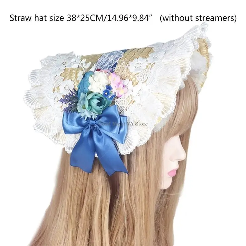Handmade Pastoral Bonnet Straw Hat Sweet Ruffled Lace Trimming Ribbon Elegant Tea Party Cosplay untuk Sun