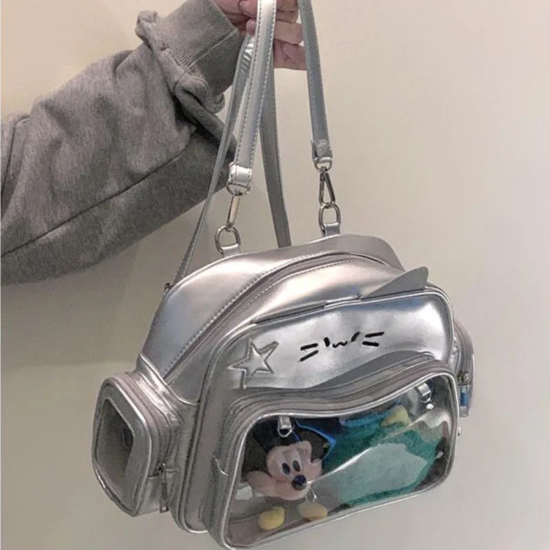 Y2K Japan Silver Cat Backpack Cute Ita Shoulder Bags Sweet Girl Transparent Pocket Travel Bag Women Crossbody Bag Mochilas