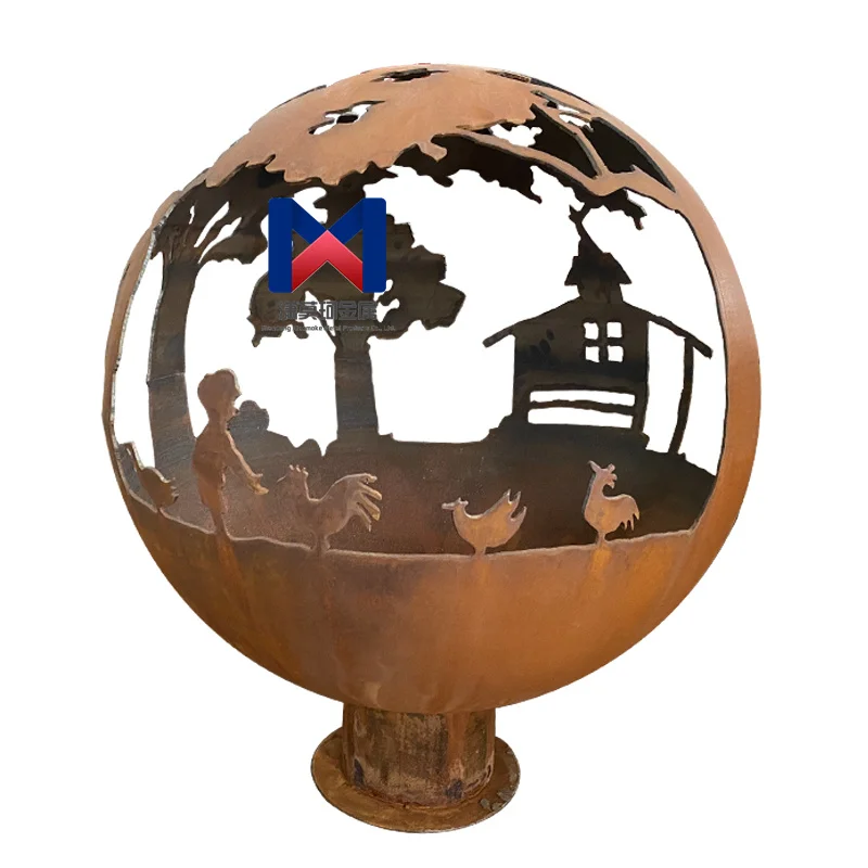 Hand Art Crafts Wild Fire Pit Wood Burning Bonfire Corten Steel Globe Sphere Laser Cut Fire Pit