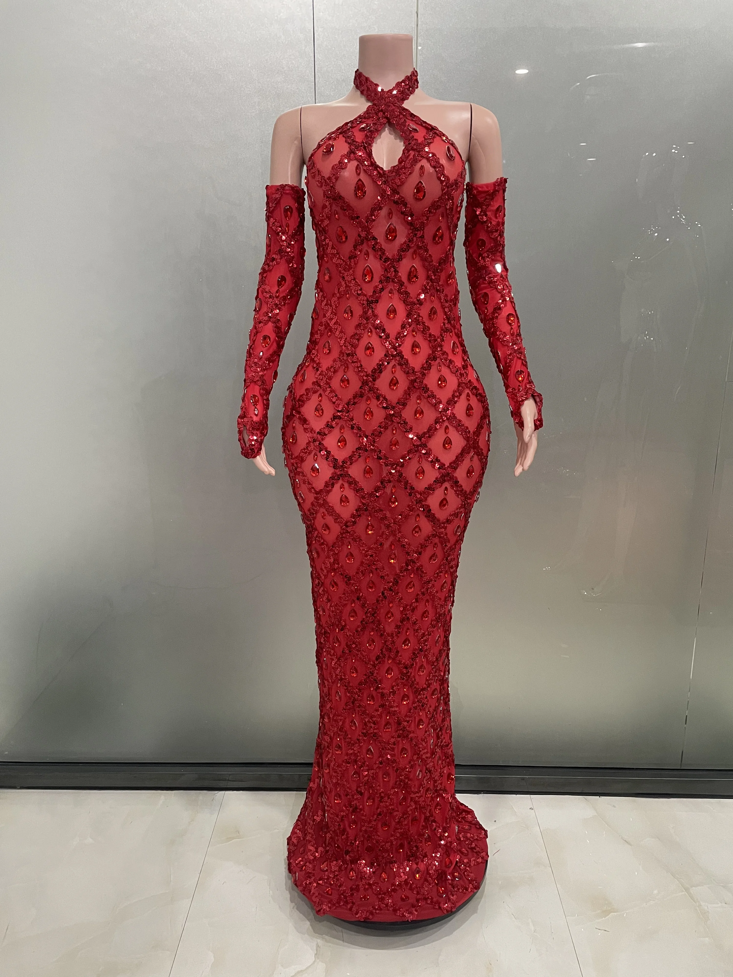 Sparkly Red Rhinestones Sequin Mesh Halter Long Dress 2025 Women Elegant Birthday Evening Celebrate Wedding Prom Shoot Wear