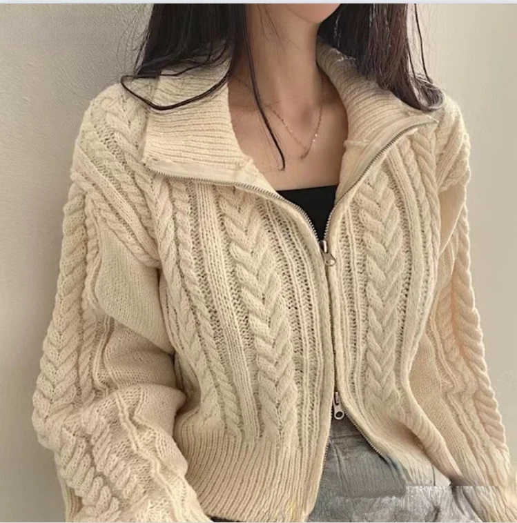 Neploe Harajuku Sweet Double Zipper Tops Womnen Y2k Vintage Crop Top Sweaters Mujer Long Sleeve Loose Knitted Cardigan