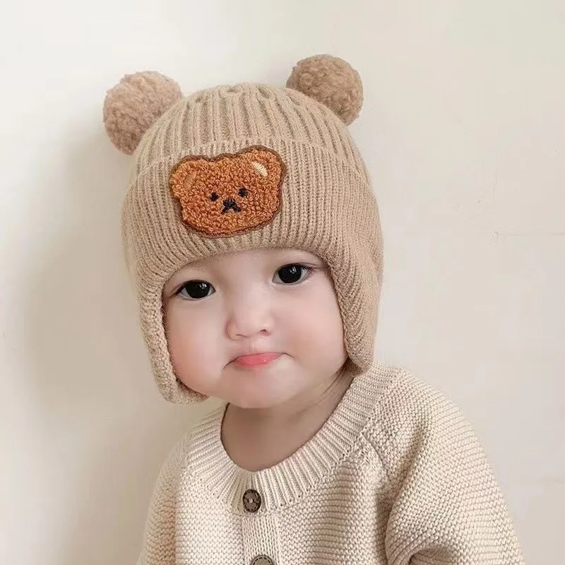 

Baby Hat Cute Bear Knitted Ear Protection for Children in Winter Thick Warm Wool Korean Version for Infants and Young Children
