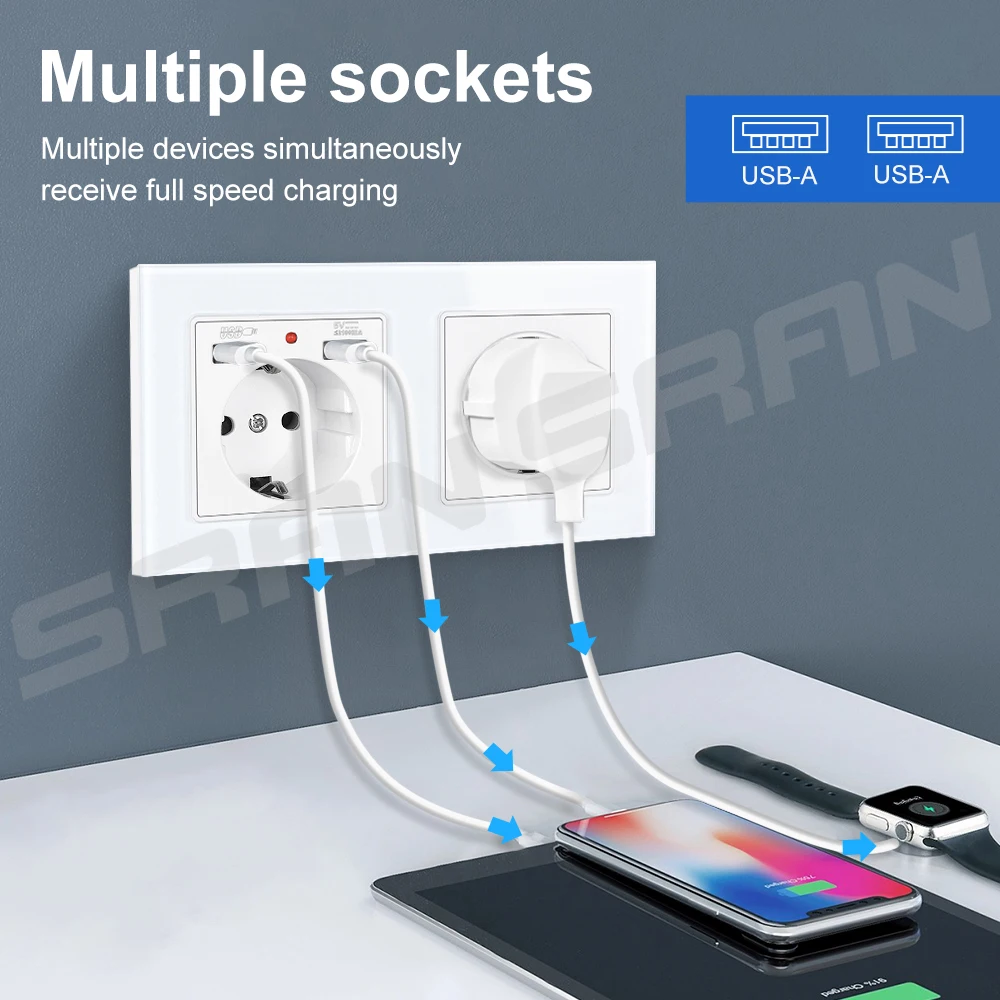 SRAN 5V 2A Usb Socket and Electrical Outlets for home EU RU ES Wall Socket 153*82mm Glass Panel Horizontal/Vertical Installation