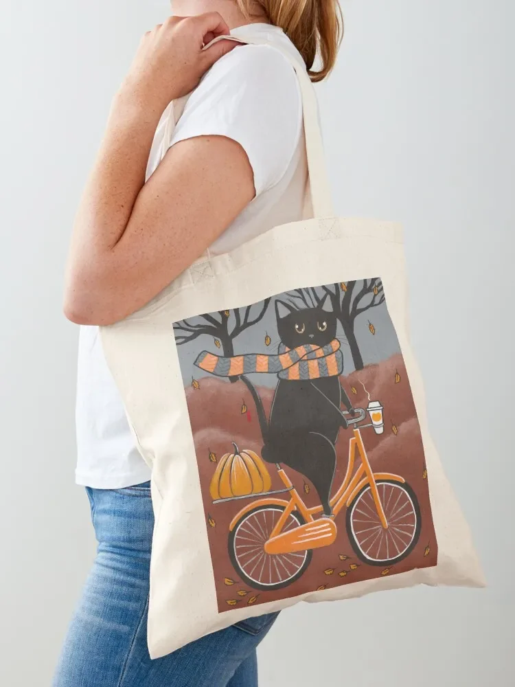 Black Cat Autumn Bicycle Ride Tote Bag tote bag screen reusable shopping bags