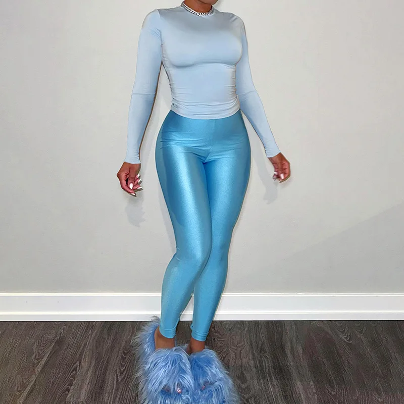 

Women's Fitness Suit Casual Solid Color Round Neck Long Sleeve Navel Top And Leggings 2-piece Autumn Fitness Suit Street Wear