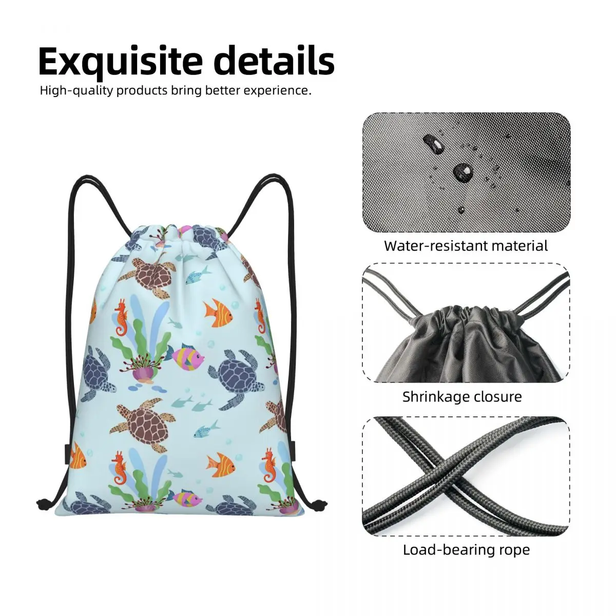 Custom Ocean World Turtles Fish Seahorse Drawstring Backpack Sports Gym Bag for Women Men Marine Life Shopping Sackpack