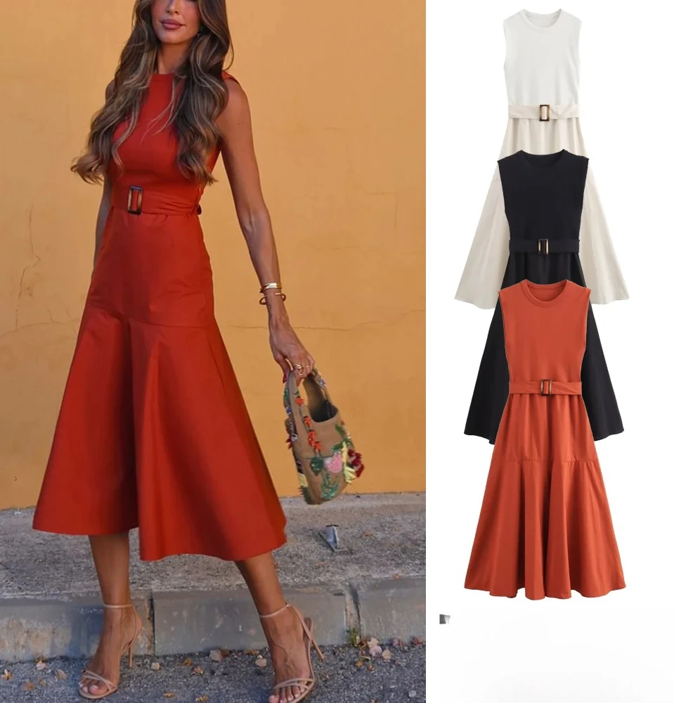 콘달라 우아한 패치워크 벨티드 슬리브리스 드레스 여성 니트 탑 패치 포플린 스커트 솔리드 드레스 여름 패션 휴가 드레스