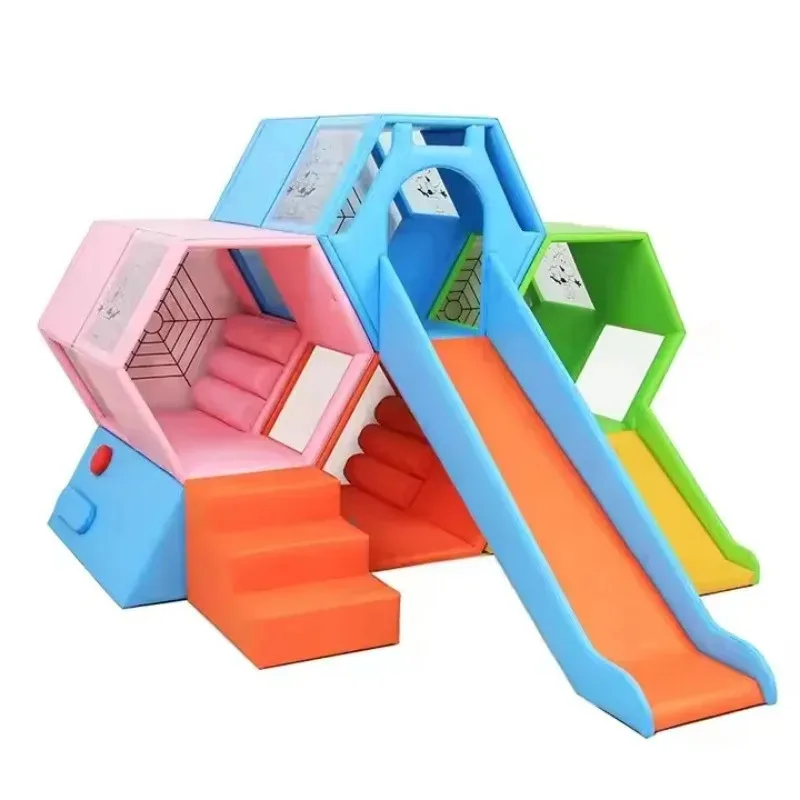 【Down Payme】Parent Child Climbing Physical Training Soft Play Honeycomb Combination Pink Big Slide Set Children for Kindergart