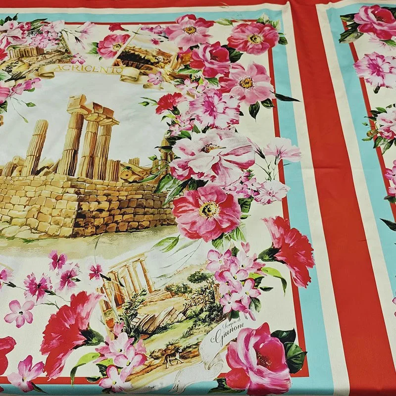 

Ретро архитектура и цветочный принт, тонкий хлопковый сатиновый материал, ткань для женской юбки, ткань «сделай сам», швейный материал