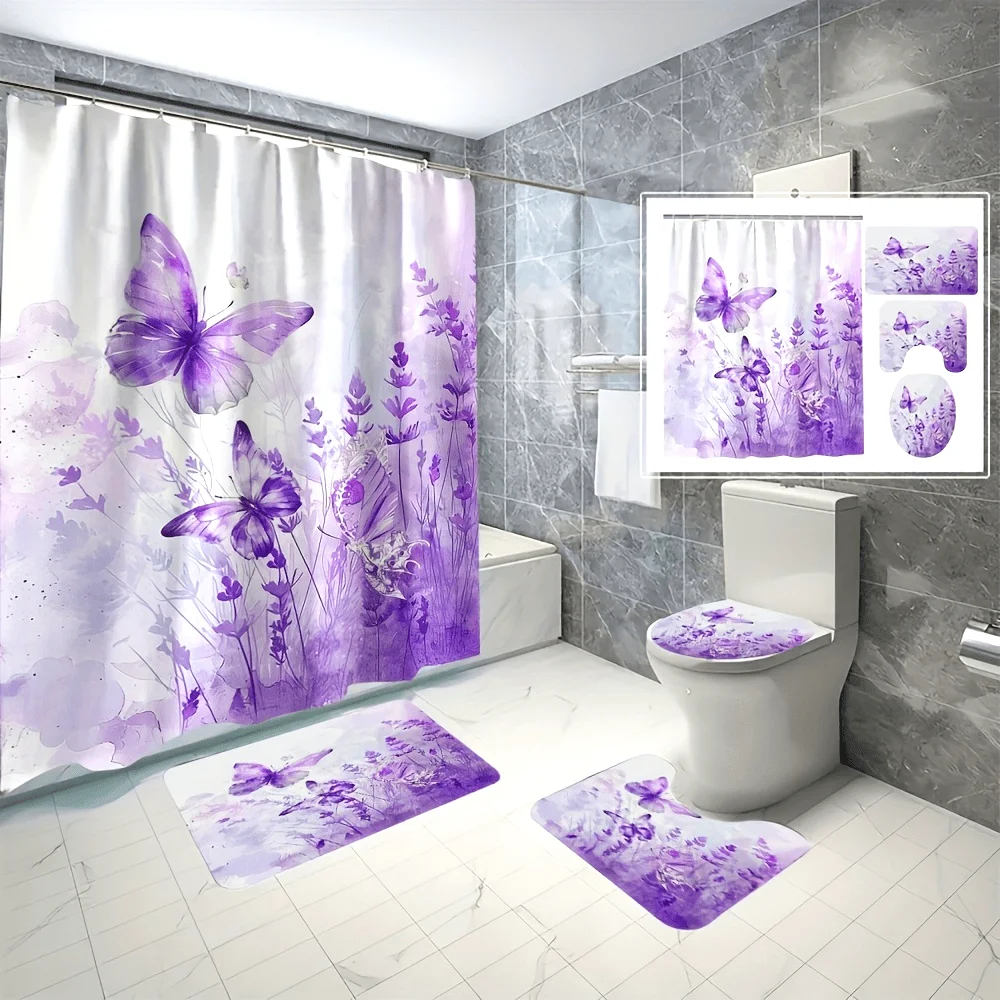 

4 шт., фиолетовая бабочка, полиэстеровая занавеска для душа с цифровым принтом, неперфорированная перегородка, набор из четырех предметов для ванной и ванной комнаты