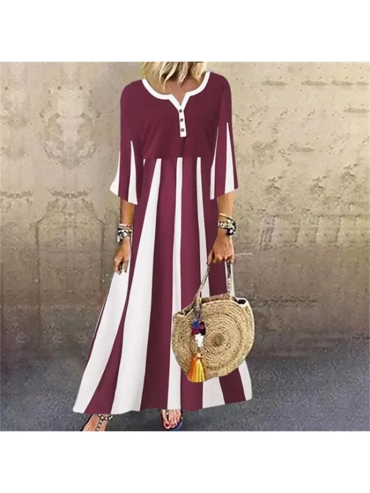 Summer Women\'s Heart-shaped Collar and Loose Button Loose Casual Long Dress  Mid Sleeve Striped Printed Long Dress