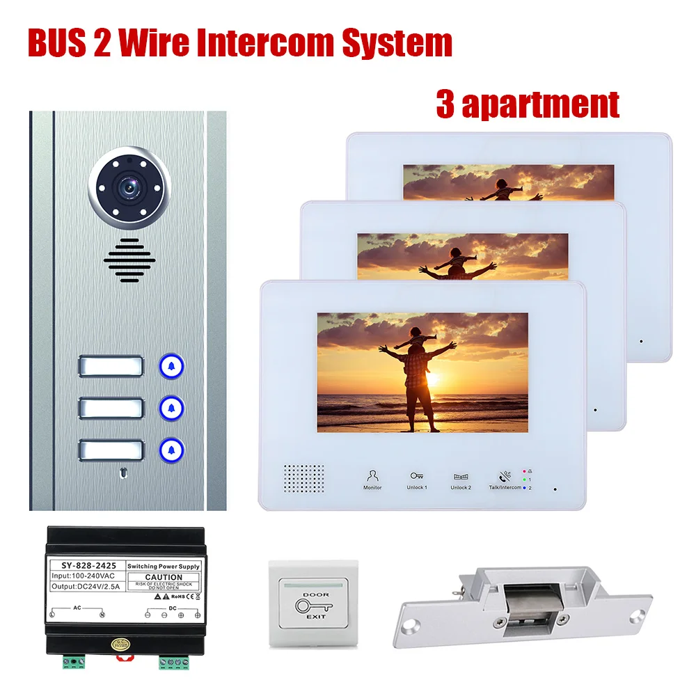 7 Inch DISPLAY BUS 2 Wire Video Door Phone Doorbell Intercom Systems KIT with 3   1 Electric Strike Lock Night Vision