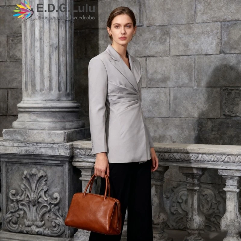 EDGLuLu Korean Fashion Turn-Down Collar Long Sleeves Coats For Woman Design Wrinkle Waist Slim Grey Blazer 1114